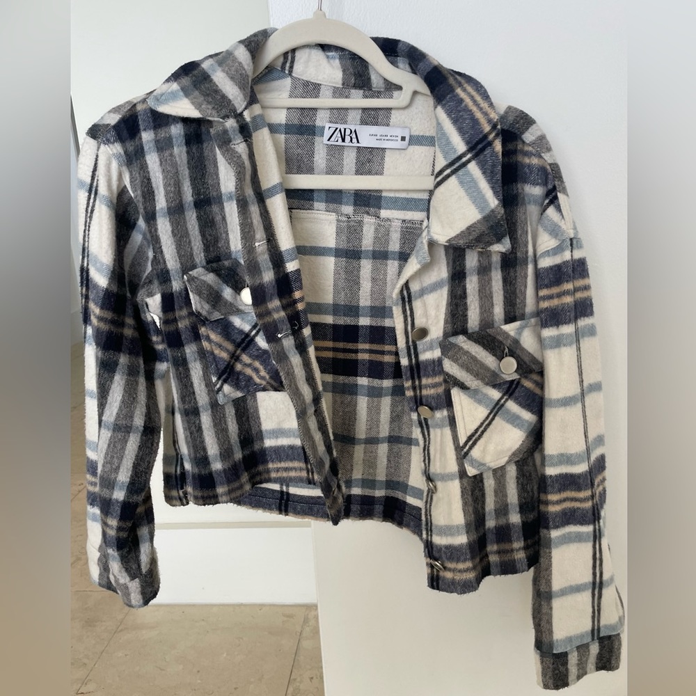 Zara “shacket” in blue and brown